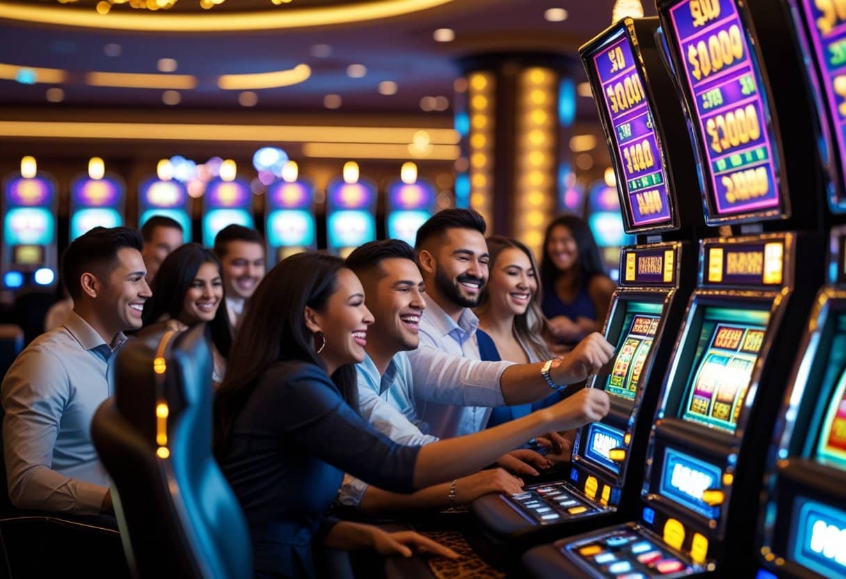 People playing colorful slot machines with increasing jackpot amounts in a lively casino setting.