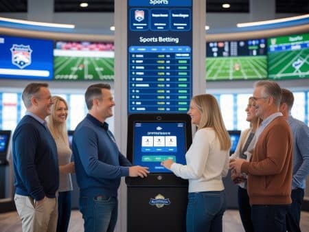 A group of adults stand and smile around a Pennsylvania Sportsbooks kiosk in a modern, brightly lit betting lounge, with large digital screens displaying sports odds and games in the background.