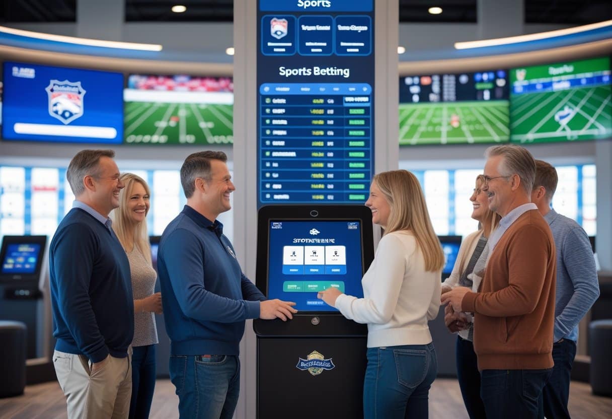 People using a touchscreen kiosk to place sports bets in a modern setting with multiple TVs showing live sports games.