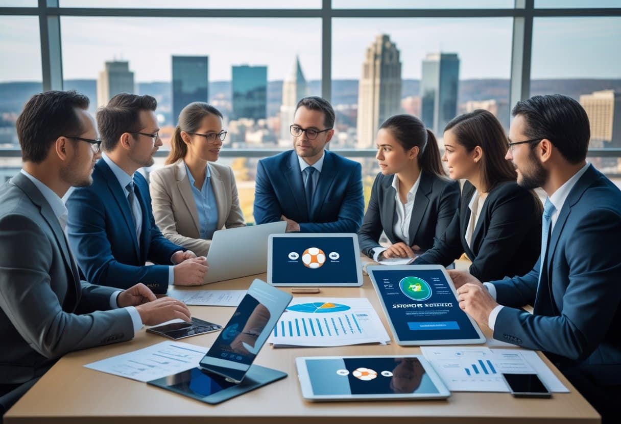 Business professionals discussing sports betting around a conference table in an office with cityscape views.
