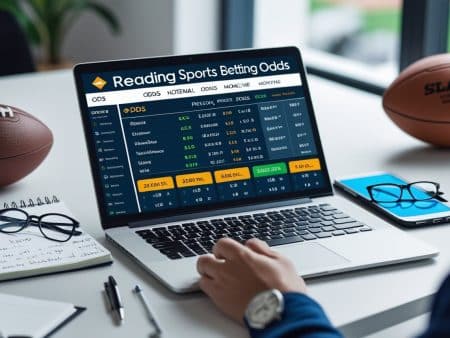 A person sits at a desk with a laptop displaying sports betting odds, including point spreads. American footballs, a smartphone, notebook, and glasses are also on the desk. The focus is on the laptop screen’s betting information.