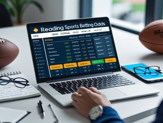 A person sits at a desk with a laptop displaying sports betting odds, including point spreads. American footballs, a smartphone, notebook, and glasses are also on the desk. The focus is on the laptop screen’s betting information.