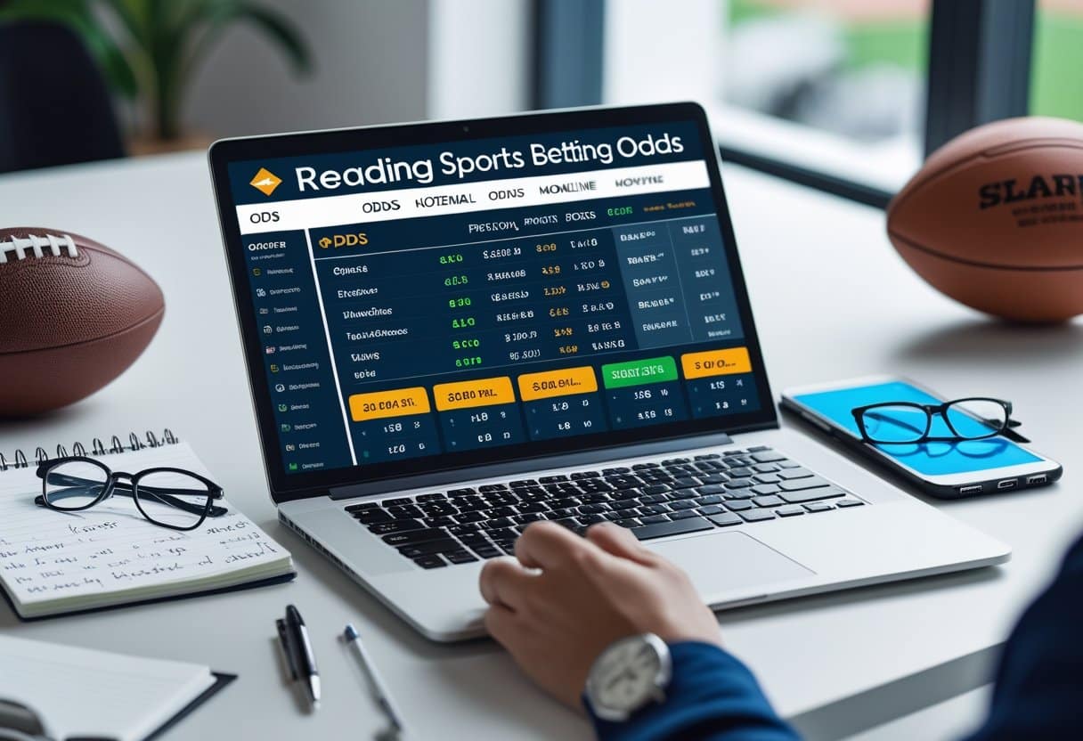 A person sits at a desk with a laptop displaying sports betting odds, including point spreads. American footballs, a smartphone, notebook, and glasses are also on the desk. The focus is on the laptop screen’s betting information. - Poker Training Videos and Poker Coaching A workspace with a laptop showing sports betting odds, a notepad with notes, a pen, a smartphone displaying a live sports event, and sports equipment on the desk.
