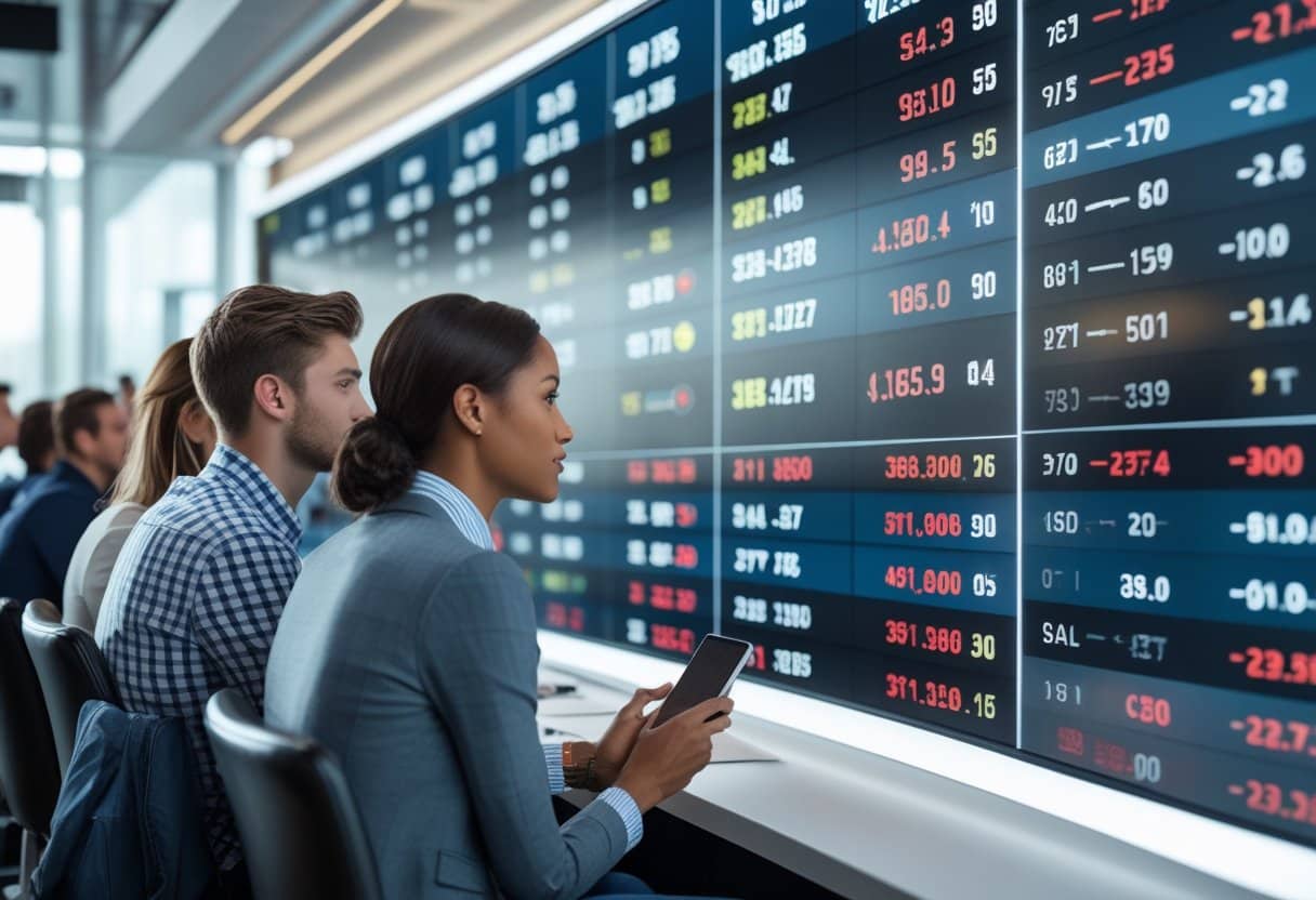 People looking at large digital screens showing sports betting odds and statistics in a modern sportsbook setting.
