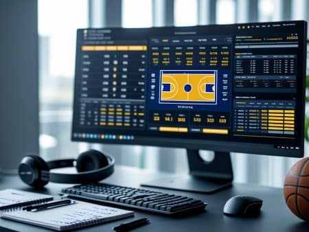 A computer monitor displays detailed basketball statistics and a court diagram, possibly tracking Warriors vs Celtics in the 2025 Finals. On the desk: a keyboard, headphones, notebooks, pens, and a basketball—suggesting a workspace for analysis or coaching.