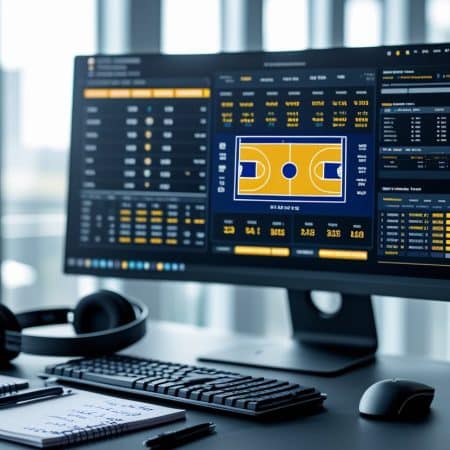 A computer monitor displays detailed basketball statistics and a court diagram, possibly tracking Warriors vs Celtics in the 2025 Finals. On the desk: a keyboard, headphones, notebooks, pens, and a basketball—suggesting a workspace for analysis or coaching.