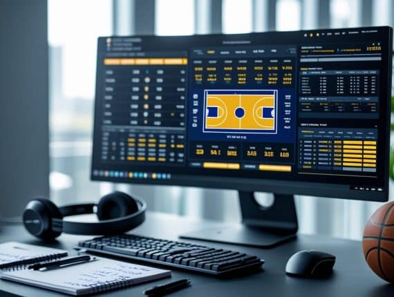A computer monitor displays detailed basketball statistics and a court diagram, possibly tracking Warriors vs Celtics in the 2025 Finals. On the desk: a keyboard, headphones, notebooks, pens, and a basketball—suggesting a workspace for analysis or coaching.