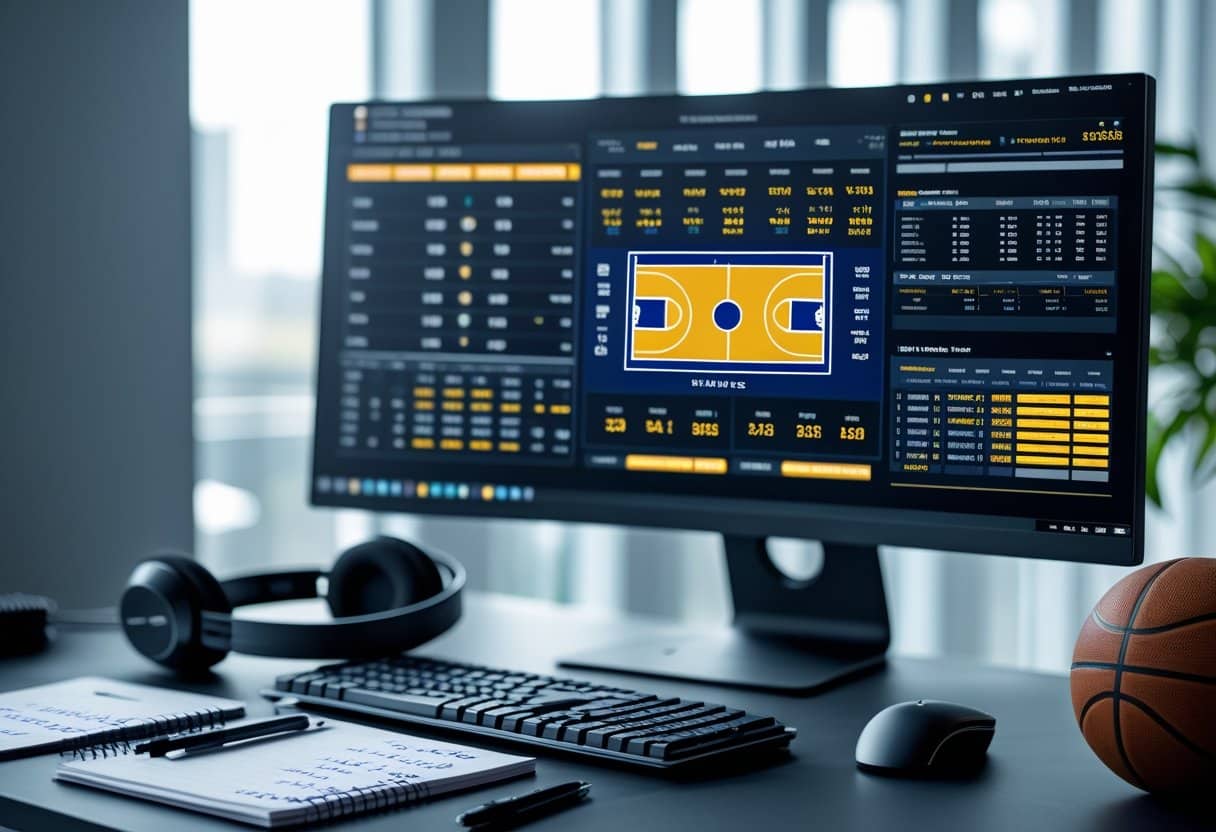 A workspace with a computer showing basketball statistics and a digital court, a notepad with notes, a basketball, and headphones on a desk.