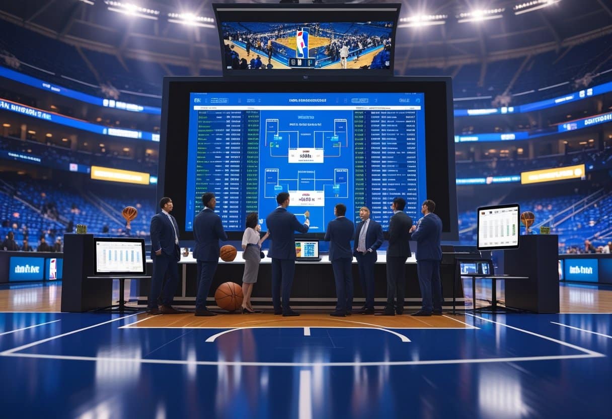 A group of people analyzing basketball playoff data on a digital screen inside a basketball arena.