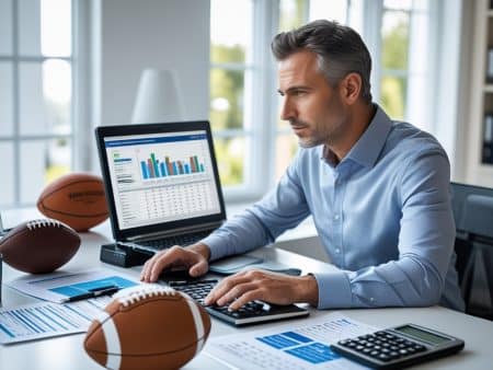 A man in a light blue shirt works at a desk with spreadsheets, a laptop showing graphs, calculators, two footballs, and an NY sports betting tax guide—suggesting he’s analyzing sports data or preparing for the 2025 tax season in his office with large windows.