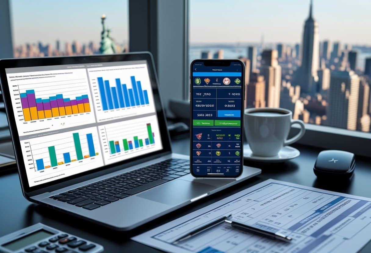 A modern office desk with a laptop showing sports betting charts, a financial report, a smartphone with a sports betting app, and a view of the New York City skyline through the window.