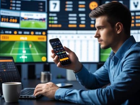 A man sits at a desk with a laptop and coffee cup, checking live sports betting odds on his smartphone, with multiple screens displaying scores and stats in the background as he refines his betting strategy to maximize profits.