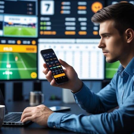A man sits at a desk with a laptop and coffee cup, checking live sports betting odds on his smartphone, with multiple screens displaying scores and stats in the background as he refines his betting strategy to maximize profits.