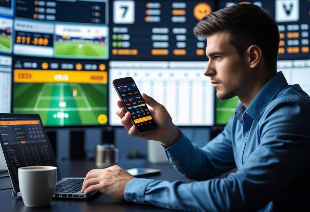 A young man analyzing live sports and betting odds on multiple screens while using a smartphone at a desk.