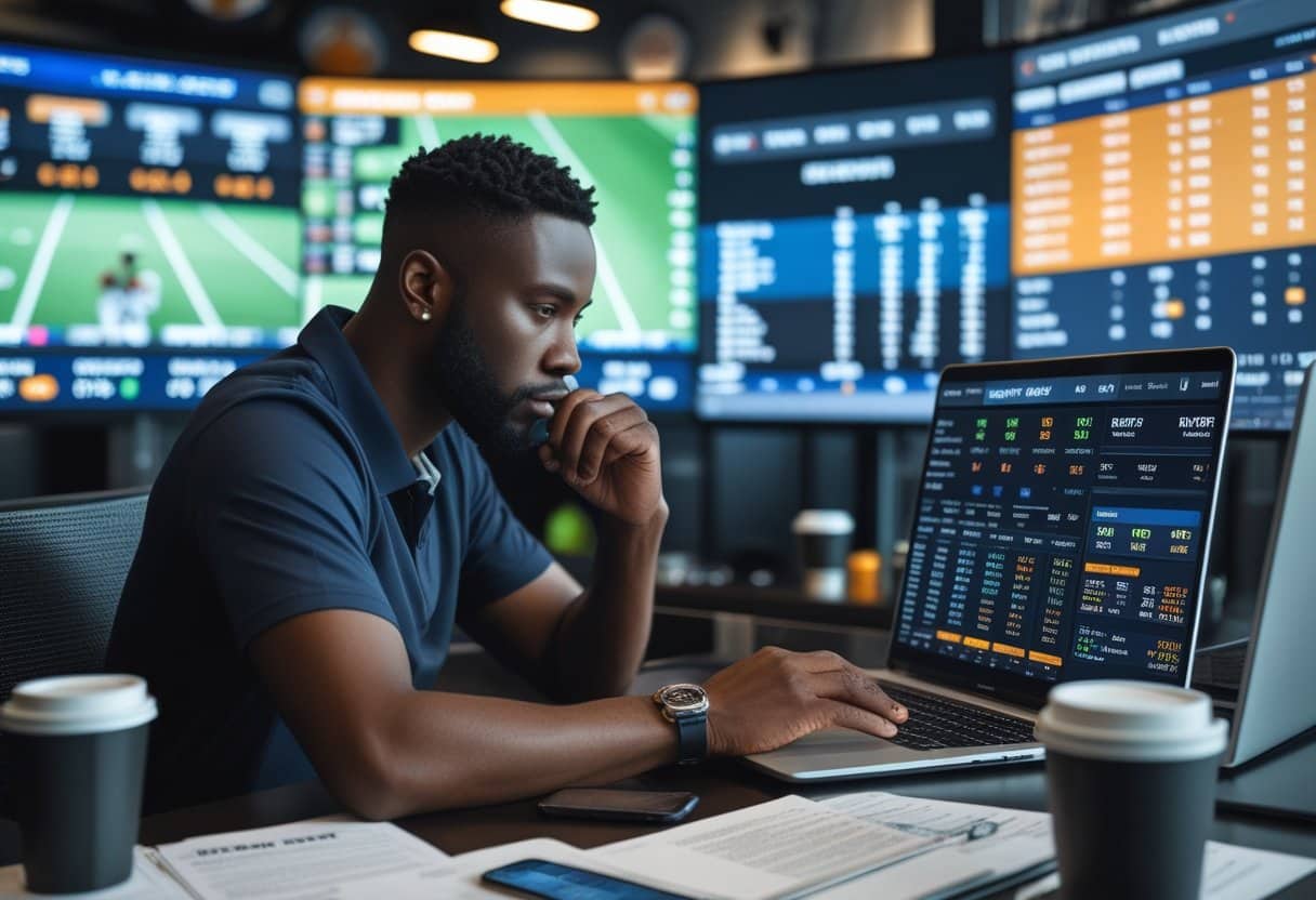 A person analyzing live sports events and statistics on multiple screens while using a laptop and smartphone in a modern workspace.