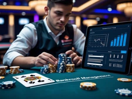 A poker player stacks chips on a casino table labeled Bankroll Management, with a tablet displaying financial graphs and charts next to him. Playing cards and more chips are scattered on the green felt, highlighting smart poker strategies.