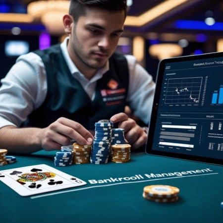 A poker player stacks chips on a casino table labeled Bankroll Management, with a tablet displaying financial graphs and charts next to him. Playing cards and more chips are scattered on the green felt, highlighting smart poker strategies.