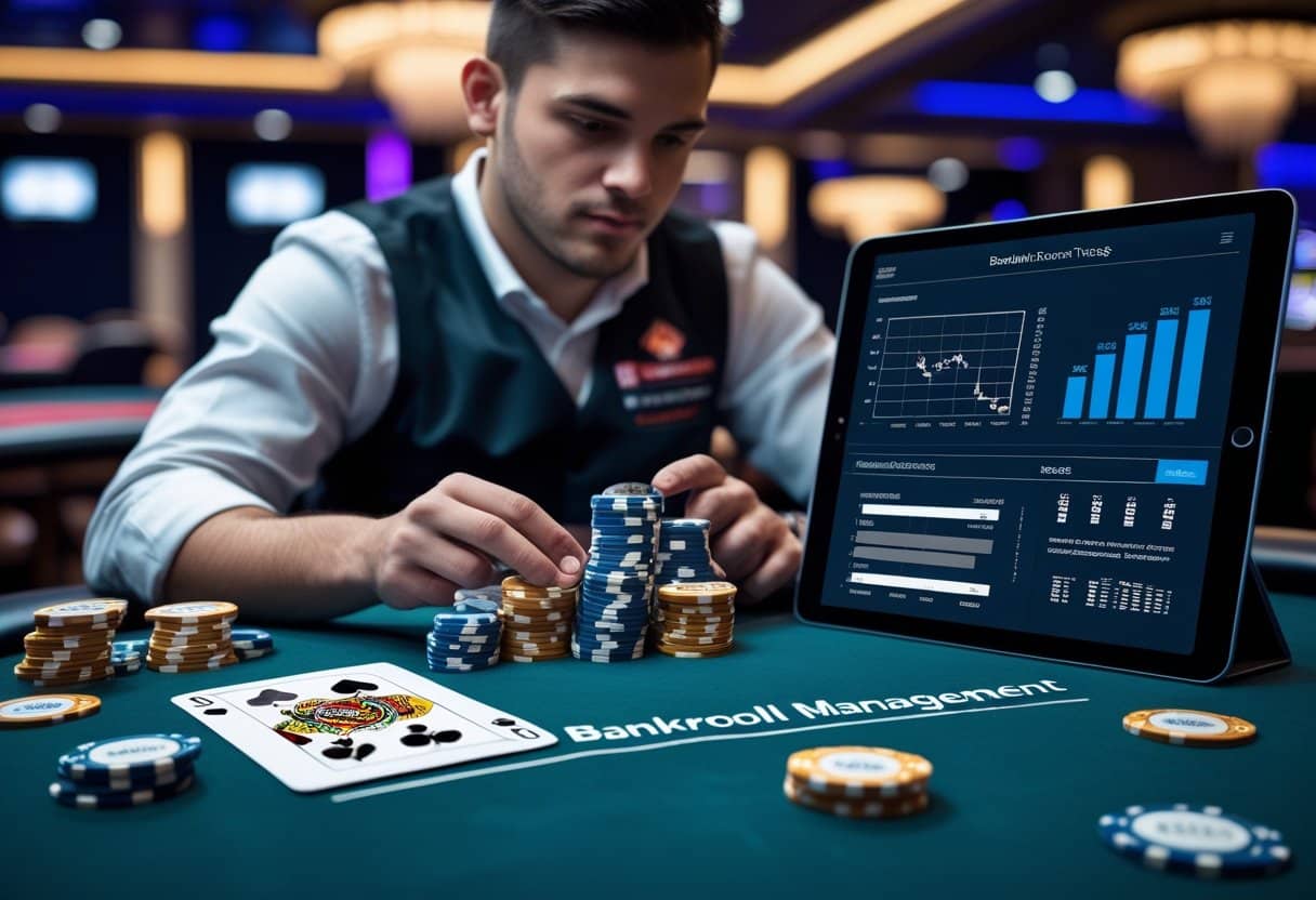 A poker player stacks chips on a casino table labeled Bankroll Management, with a tablet displaying financial graphs and charts next to him. Playing cards and more chips are scattered on the green felt, highlighting smart poker strategies. - Poker Training Videos and Poker Coaching A poker player at a table with stacked chips, holding cards and using a calculator and tablet to manage their poker bankroll.