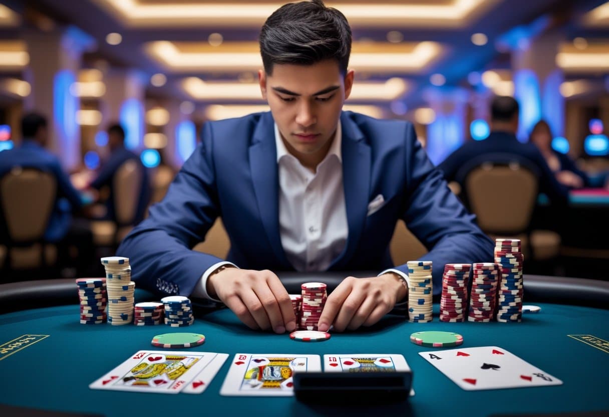 A poker player at a table organizing poker chips with cards, a notebook, and a calculator nearby in a casino setting.
