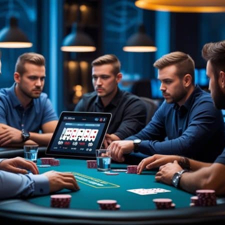 Five men sit around a poker table with cards, chips, and drinks, focused on a digital display showing poker hands—keenly reading digital behavior for online poker tells in a modern, dimly lit casino setting.