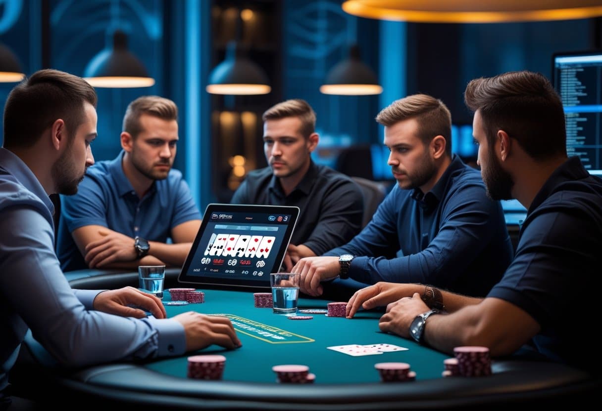 Five men sit around a poker table with cards, chips, and drinks, focused on a digital display showing poker hands—keenly reading digital behavior for online poker tells in a modern, dimly lit casino setting. - Poker Training Videos and Poker Coaching A group of people playing online poker using laptops and tablets, with one player closely observing another's expressions and hand movements around a poker table.