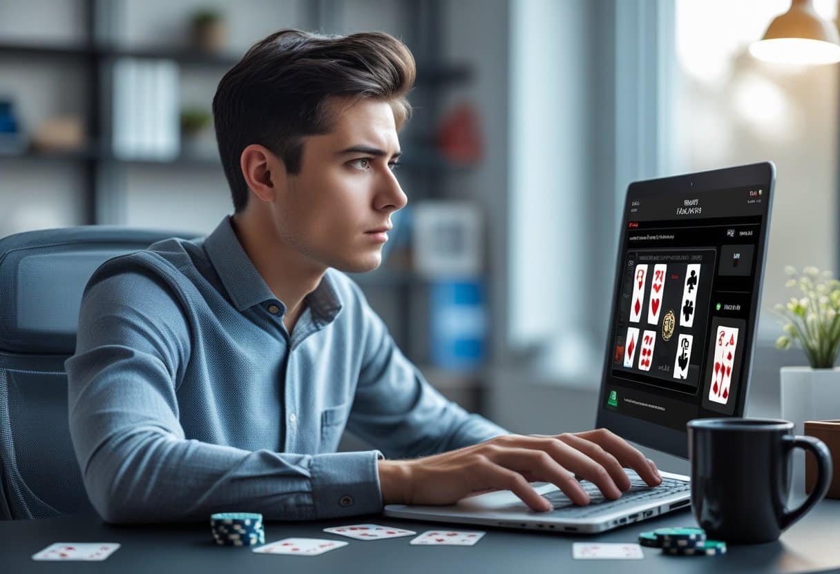 A young man sits at a desk, focused on his laptop screen displaying an online poker game. Poker chips and playing cards are scattered on the desk as he studies online poker tells. The room has shelves and soft lighting in the background. - Poker Training Videos and Poker Coaching A person sitting at a desk looking thoughtfully at a laptop showing an online poker game, with poker chips and cards nearby.
