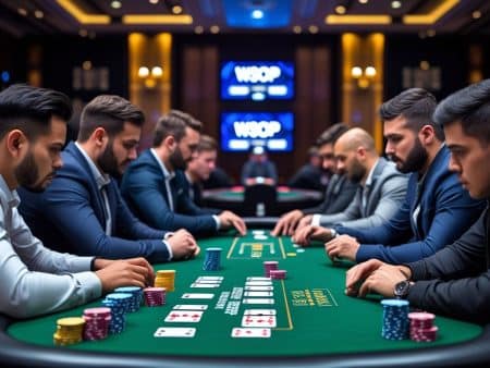 Eight men in suits sit around a green poker table covered with chips and cards, intensely focused on the game. WSOP 2025 Main Event logos and screens are visible in the background, capturing the excitement of this professional poker tournament setting.
