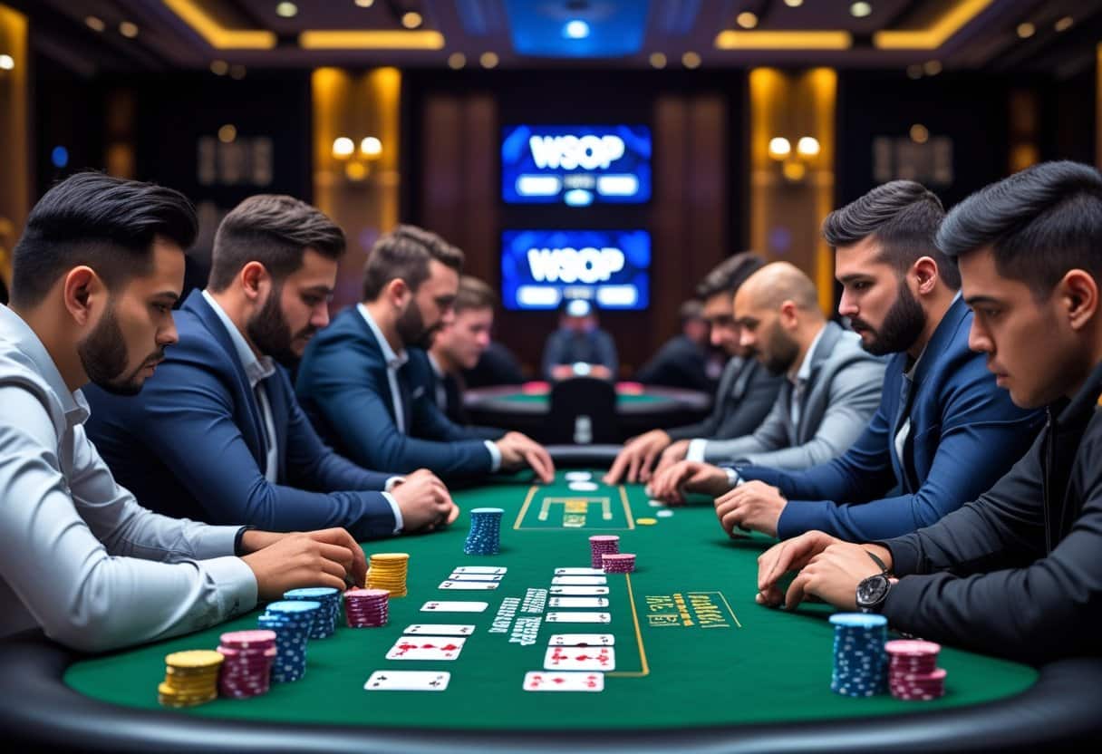 Poker players concentrating around a poker table with chips and cards during a high-stakes tournament.
