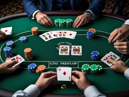 Four people playing Texas Holdem at a green felt table, each holding cards and surrounded by colorful poker chips. Community cards, including two kings, are visible in the center of the table.