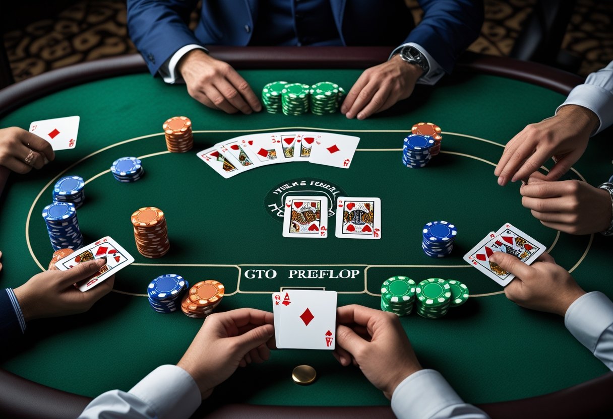 Top-down view of a poker table with chips, cards, and players’ hands during a Texas Hold’em preflop game.