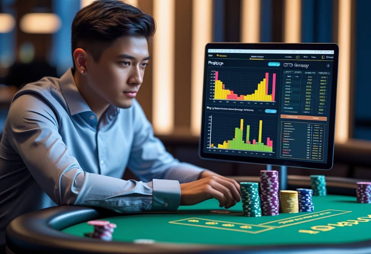A person studying poker charts on a tablet at a poker table with cards and chips.