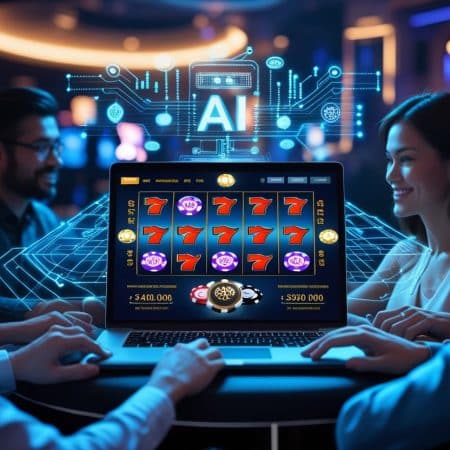Four people sit around a table in a casino, playing an online slot machine game on a laptop. Digital AI graphics hover above the screen, highlighting the rise of AI in online casinos and emerging online casino trends for 2025.