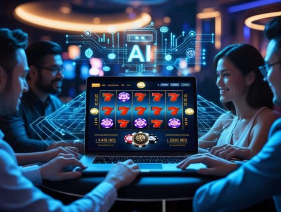 Four people sit around a table in a casino, playing an online slot machine game on a laptop. Digital AI graphics hover above the screen, highlighting the rise of AI in online casinos and emerging online casino trends for 2025.