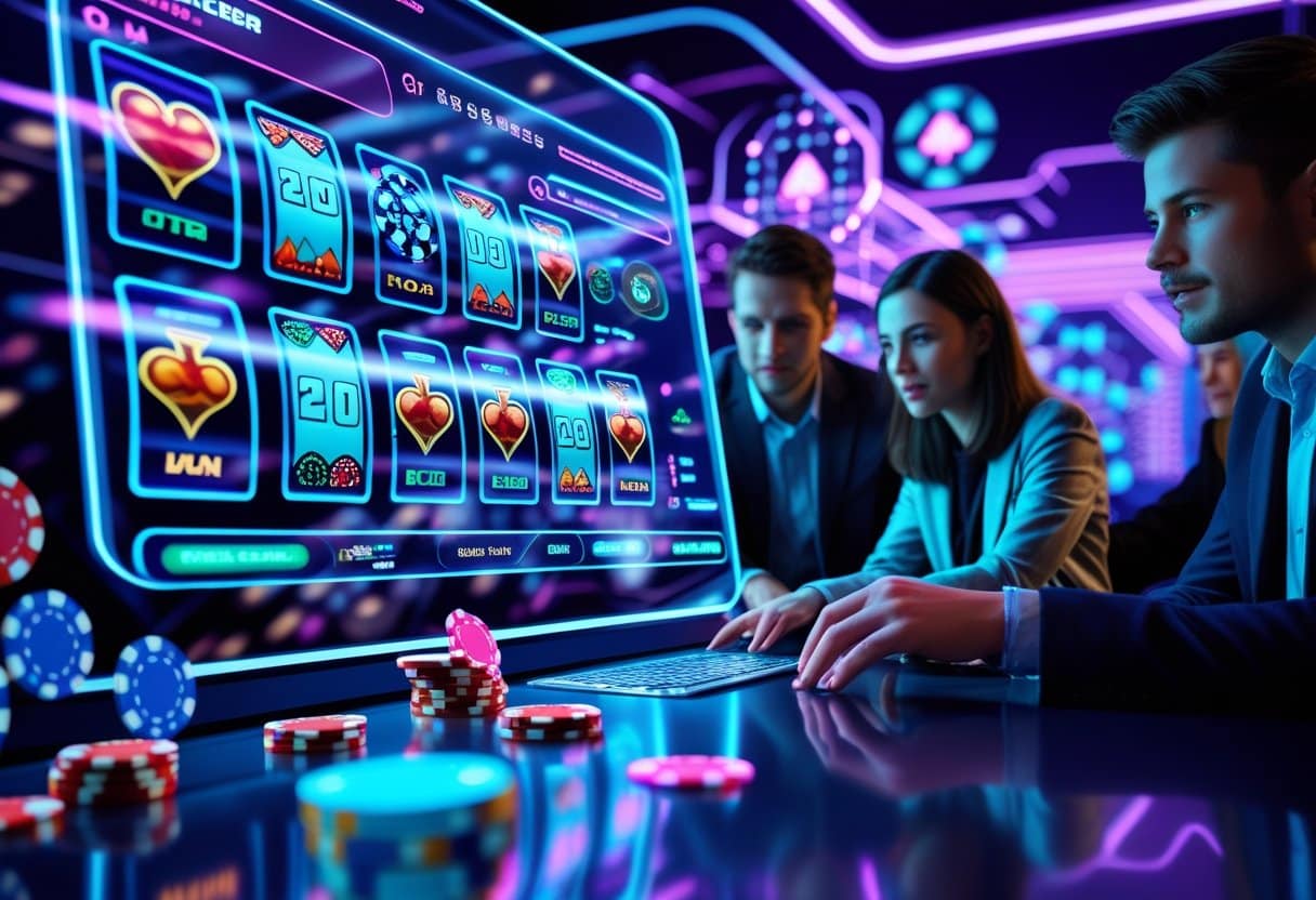 A group of people play a futuristic slot machine at a neon-lit casino, concentrating on the screen. Poker chips are stacked on the table as digital cards and symbols glow, reflecting emerging online casino trends 2025 and advanced AI in Online Casinos. - Poker Training Videos and Poker Coaching People interacting with a futuristic digital casino interface featuring holographic slot machines and playing cards, surrounded by AI data visualizations.