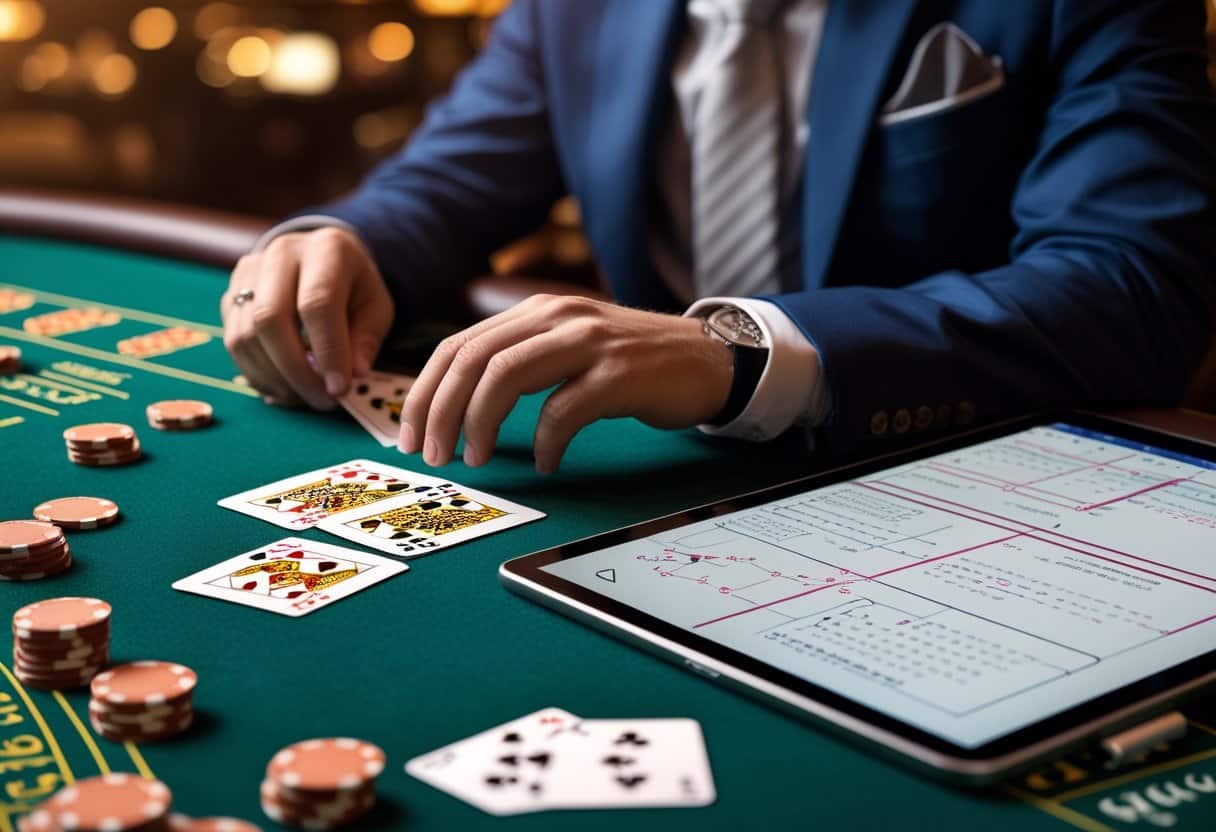 A person in a suit plays Blackjack at a casino table, surrounded by poker chips. An open tablet with math strategies to reduce the house edge sits beside the cards, while city lights blur in the background. - Poker Training Videos and Poker Coaching A person studying blackjack cards and chips at a casino table with mathematical notes nearby.