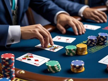 People in suits play cards at a casino table, stacks of colorful poker chips nearby. One hand places a card face-up, others rest on the edge—each player considering math strategies to beat the house edge at blackjack.
