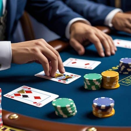 People in suits play cards at a casino table, stacks of colorful poker chips nearby. One hand places a card face-up, others rest on the edge—each player considering math strategies to beat the house edge at blackjack.