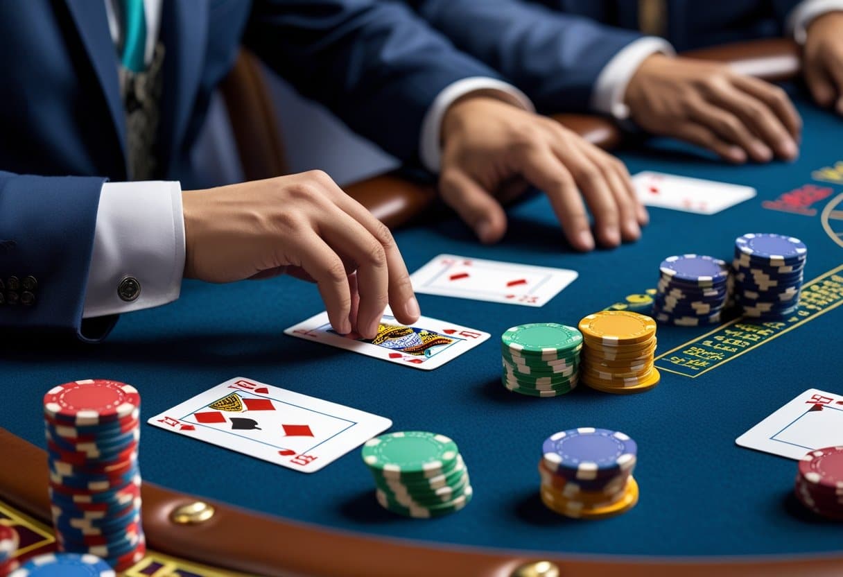 A blackjack table with cards and poker chips, a dealer dealing cards, and a notebook with notes and a calculator nearby.
