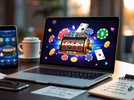 A laptop on a desk displays a colorful online casino slot game with cards, chips, and coins, while a smartphone nearby shows a Free-to-Play social casino game. A coffee cup and notepad are also on the desk.