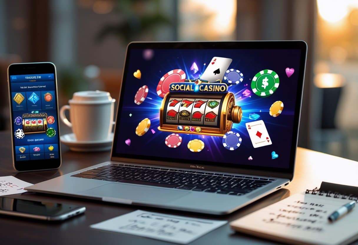 A laptop on a desk displays a colorful online casino slot game with cards, chips, and coins, while a smartphone nearby shows a Free-to-Play social casino game. A coffee cup and notepad are also on the desk. - Poker Training Videos and Poker Coaching A laptop and smartphone on a desk showing colorful casino game graphics, surrounded by a coffee cup and notepad with sketches.