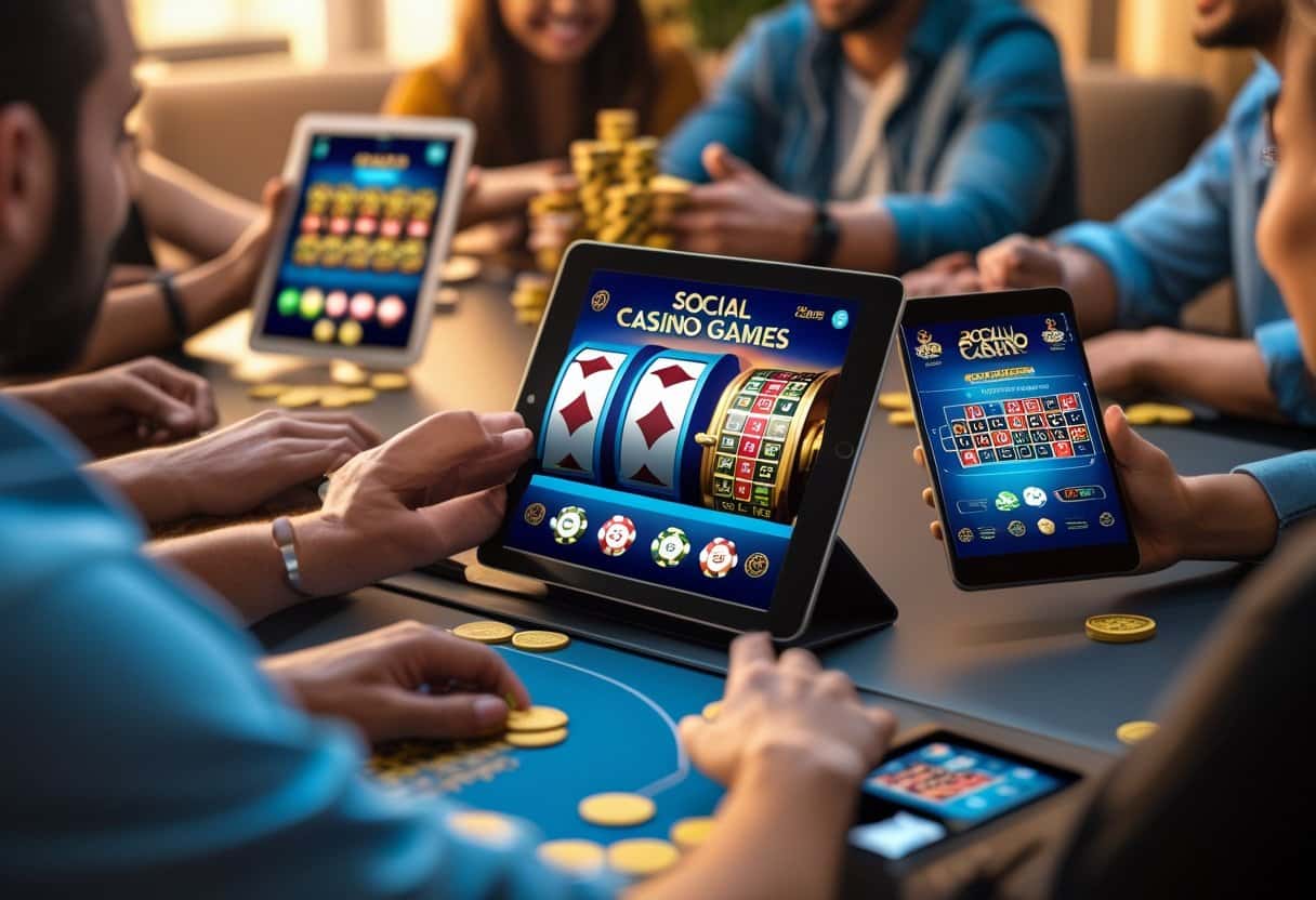 A group of people playing social casino games on smartphones and tablets around a table, smiling and interacting.