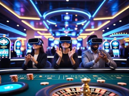 Three people sit at a roulette table in a casino, wearing virtual reality headsets and clapping, showcasing the future of gambling. Colorful lights, slot machines, chips, and a roulette wheel highlight advanced technology in gambling.