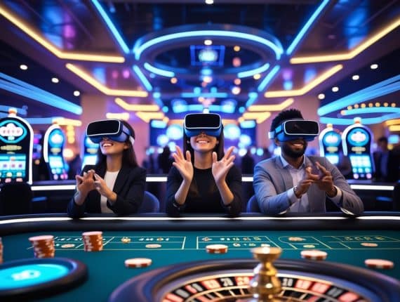 Three people sit at a roulette table in a casino, wearing virtual reality headsets and clapping, showcasing the future of gambling. Colorful lights, slot machines, chips, and a roulette wheel highlight advanced technology in gambling.