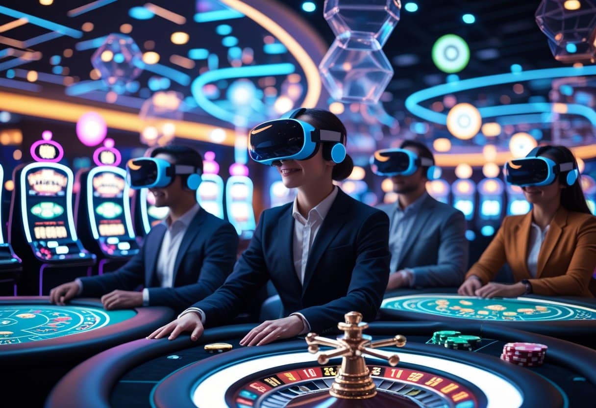 People wearing virtual reality headsets playing casino games in a colorful digital environment.
