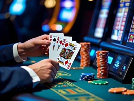 A person at a casino card table uses pro strategy, holding four playing cards—two kings and two aces—next to stacks of poker chips, with slot machines visible in the background.