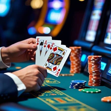 A person at a casino card table uses pro strategy, holding four playing cards—two kings and two aces—next to stacks of poker chips, with slot machines visible in the background.