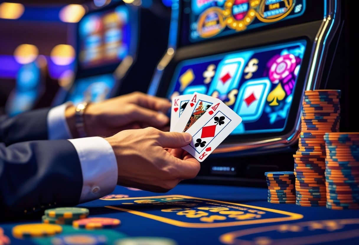 A person in a suit holds playing cards—ace, king, and queen—at a casino table with poker chips and a slot machine in the background, capturing the thrill of video poker and hints of an expert tips strategy guide. The scene is brightly lit and colorful. - Poker Training Videos and Poker Coaching A person holding poker cards at a video poker machine with poker chips on the table in a casino setting.