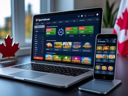A laptop and smartphone display online casino and sportsbooks websites, with colorful game icons. A red maple leaf ornament and a Canadian flag are visible, suggesting an Ontario online gambling setting.