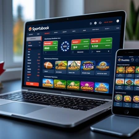A laptop and smartphone display online casino and sportsbooks websites, with colorful game icons. A red maple leaf ornament and a Canadian flag are visible, suggesting an Ontario online gambling setting.