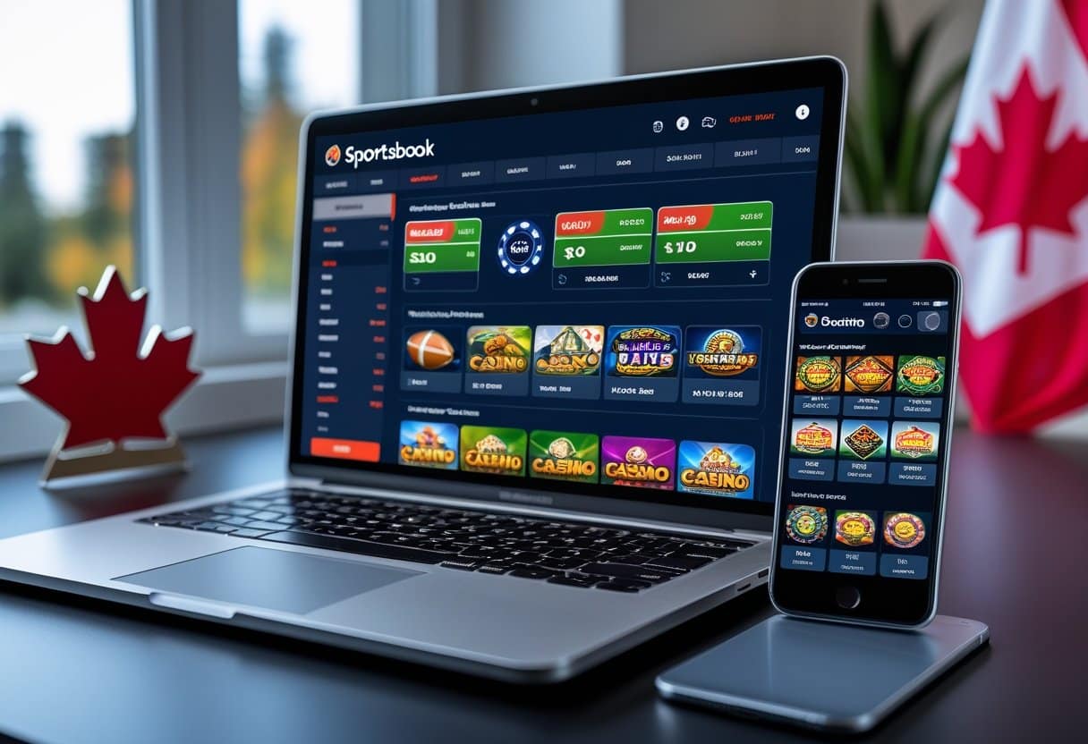 A laptop and smartphone display online casino and sportsbooks websites, with colorful game icons. A red maple leaf ornament and a Canadian flag are visible, suggesting an Ontario online gambling setting. - Poker Training Videos and Poker Coaching A modern workspace with a laptop and smartphone showing online sports betting and casino apps, featuring subtle Canadian-themed decorations.